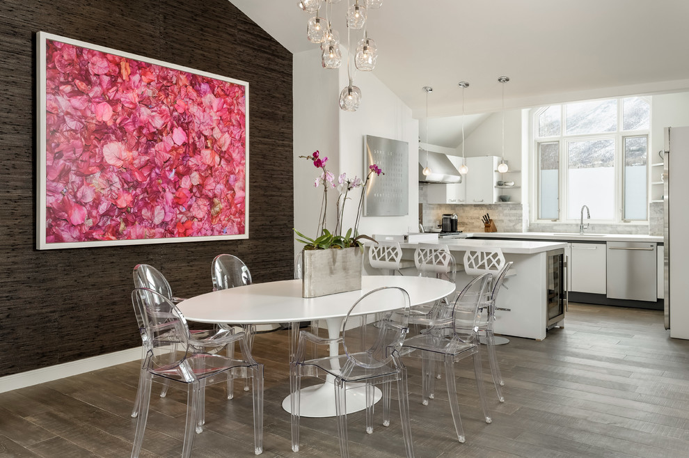 Kitchen/dining room combo - transitional kitchen/dining room combo idea in Denver with brown walls