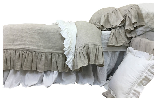 Natural Linen Duvet Cover With Mermaid Ruffles Traditional