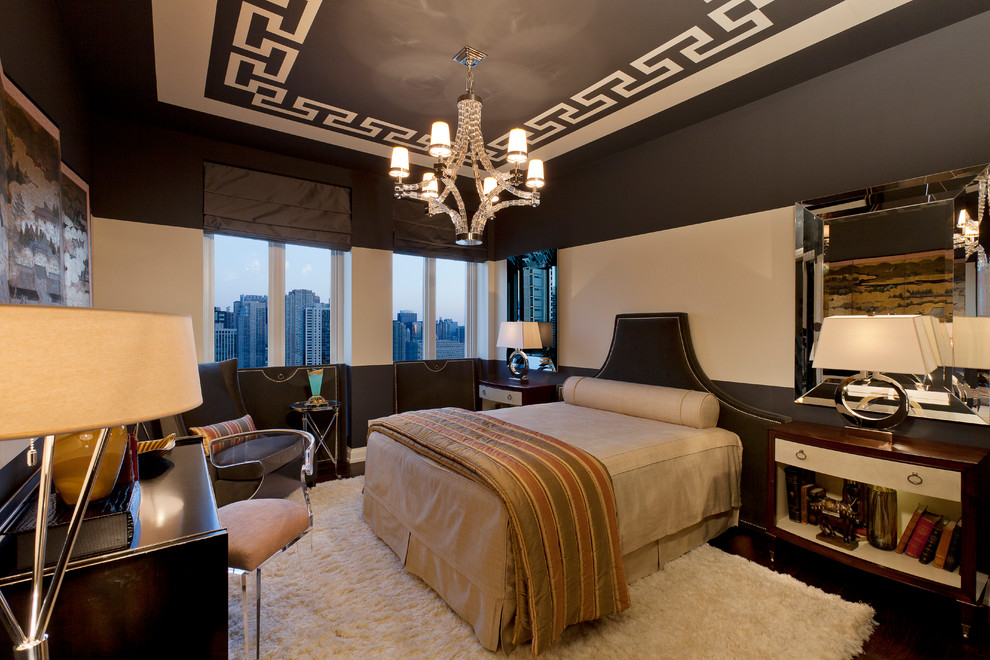 Photo of a contemporary bedroom in Chicago with black walls, dark hardwood floors and no fireplace.