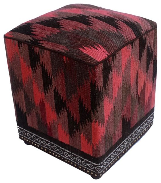 Bohemian Doretta Handmade Kilim Upholstered Ottoman, 15 in. x 15 in. x 19 in. Southwestern