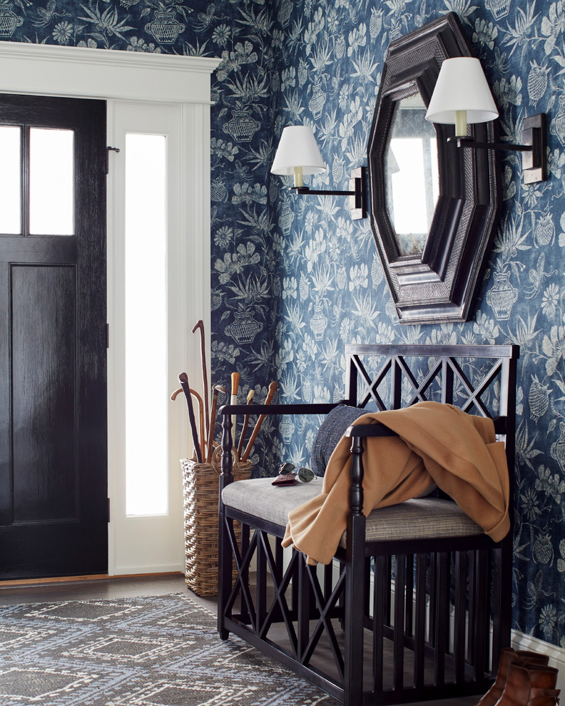 Inspiration for a traditional foyer in Boston with blue walls, dark hardwood floors, a single front door and a black front door.