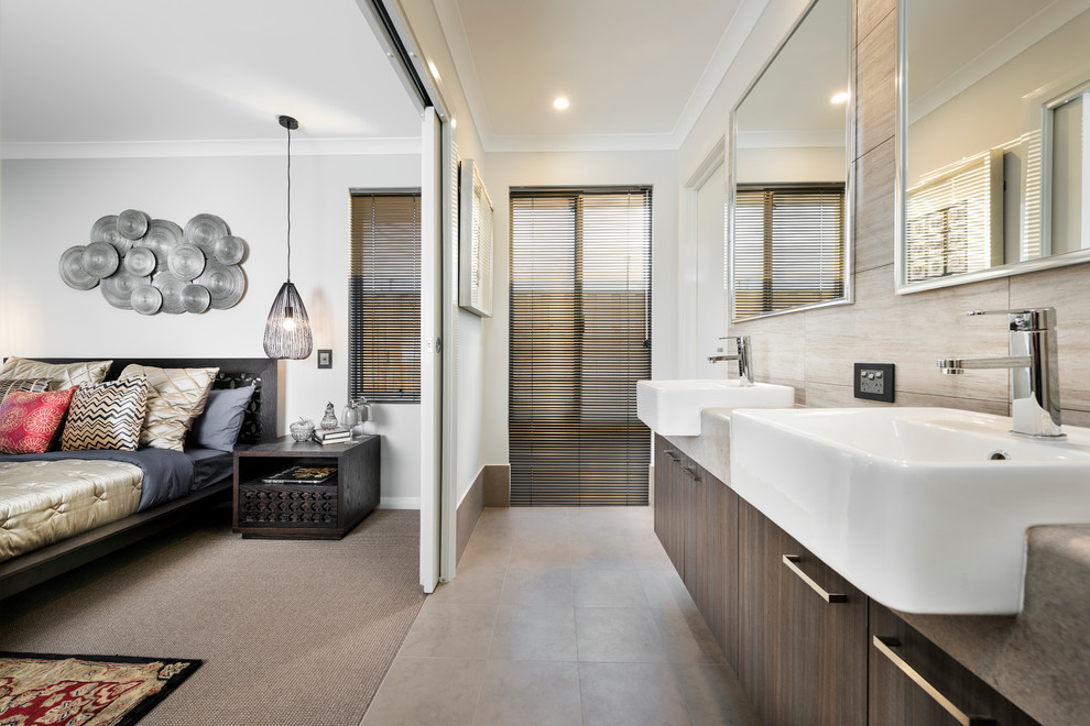 Photo of a large contemporary master bathroom in Perth with grey walls, ceramic floors, an undermount sink, flat-panel cabinets, medium wood cabinets, laminate benchtops and beige tile.