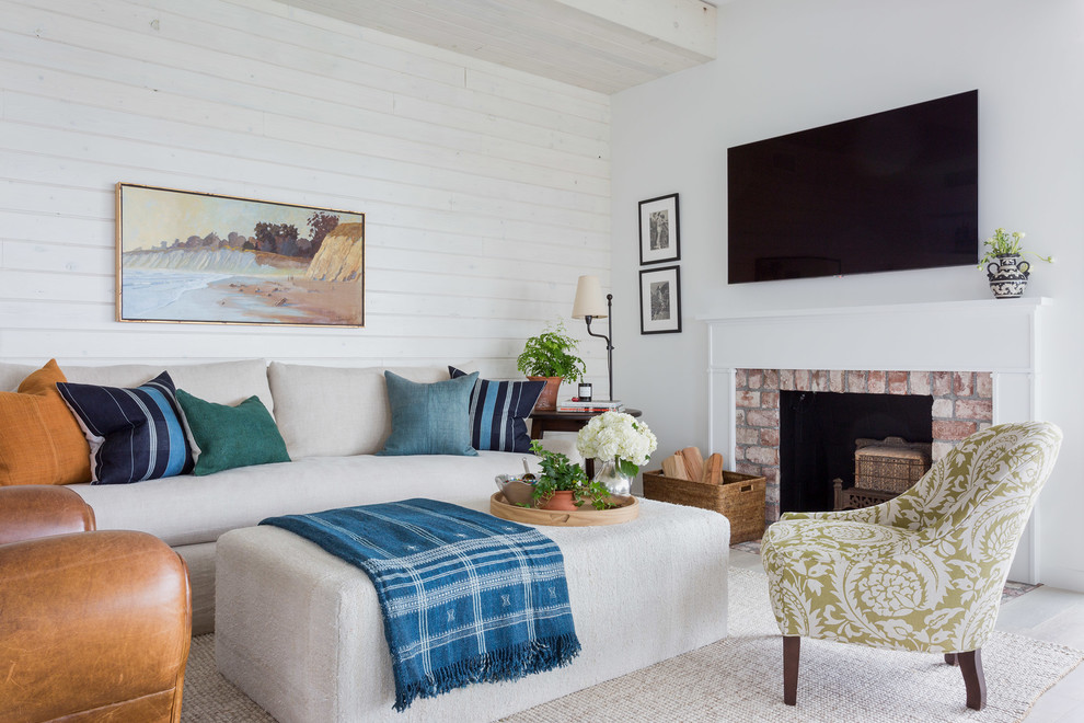 Warm Transitional Coastal Living Room with Brick Fireplace ...