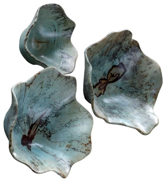 Teo Tamarind Caribbean Blue Wood Wall Art, Set of 3 Contemporary