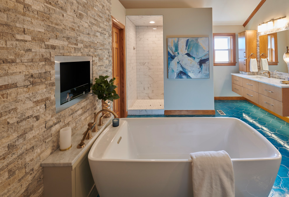 Photo of a mid-sized modern master bathroom in Other with flat-panel cabinets, medium wood cabinets, a freestanding tub, an open shower, beige tile, stone tile, an undermount sink, granite benchtops, turquoise floor, an open shower, beige benchtops, a double vanity and a floating vanity.