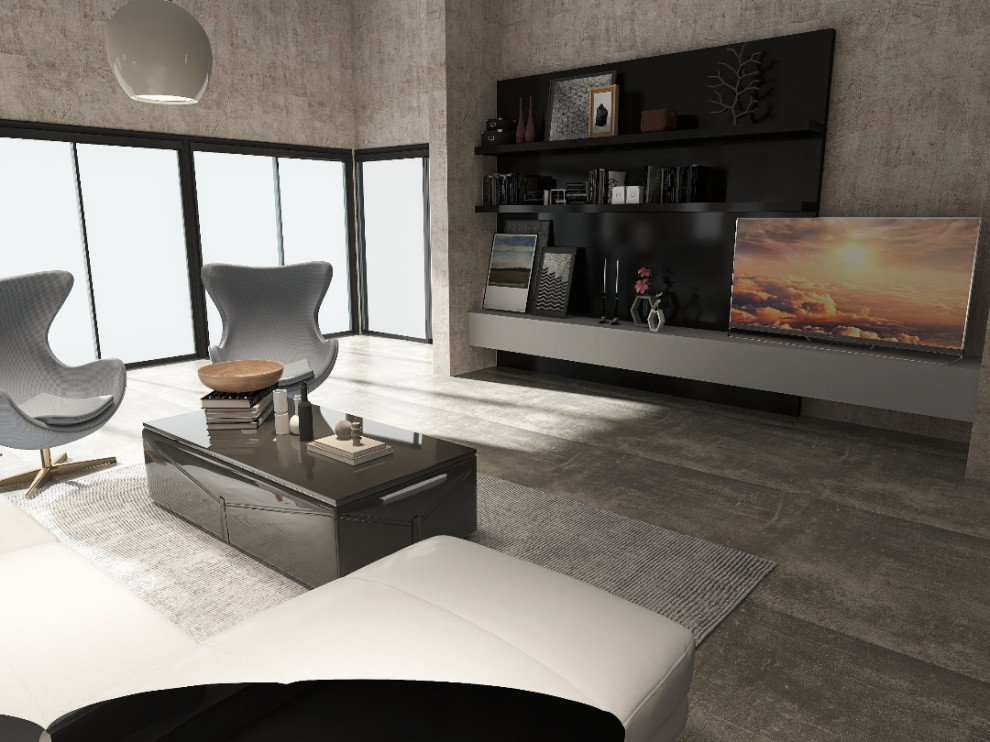 Foto de salón cerrado, abovedado y gris y negro minimalista grande con paredes grises, suelo de cemento, televisor colgado en la pared, suelo gris, piedra y alfombra