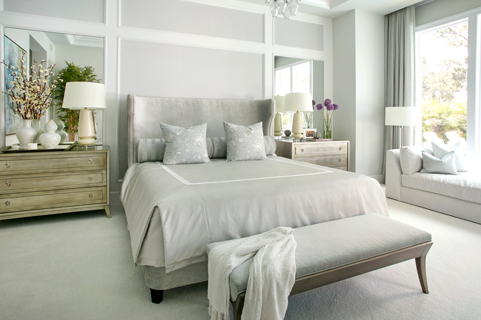 Bedroom - coastal master carpeted and gray floor bedroom idea in Miami with gray walls