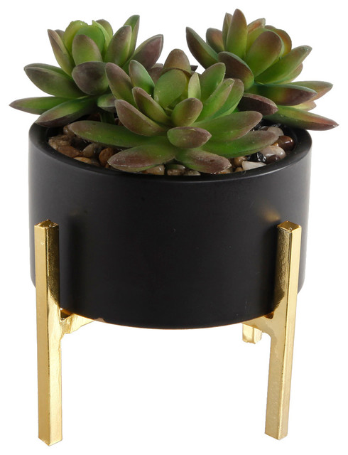 Faux Assorted Succulents in White Ceramic & Rose Gold Colored Pot 