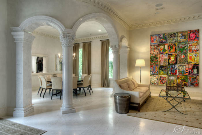 Large eclectic formal open concept living room in Houston with marble floors.
