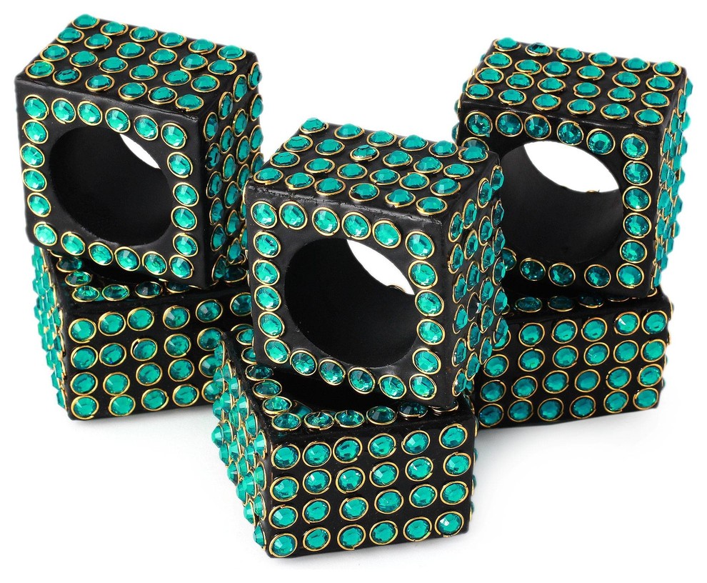 Novica Green Droplets Bejeweled Napkin Rings, 4Piece Set