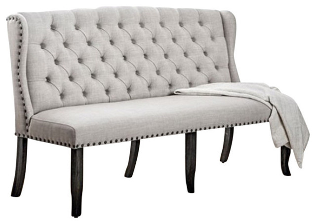 Stylish Long Bench With Tufted Back Ivory Transitional