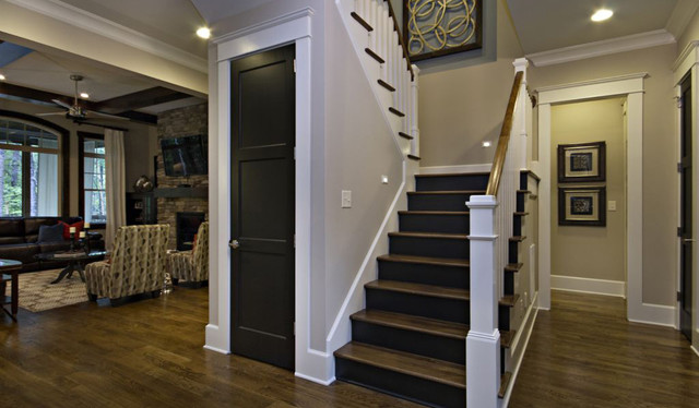 dark wood staircase with white wood railing - Traditional 