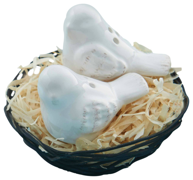 White Birds Sitting in Wire Nest Salt and Pepper Shakers Set Milk Terracotta