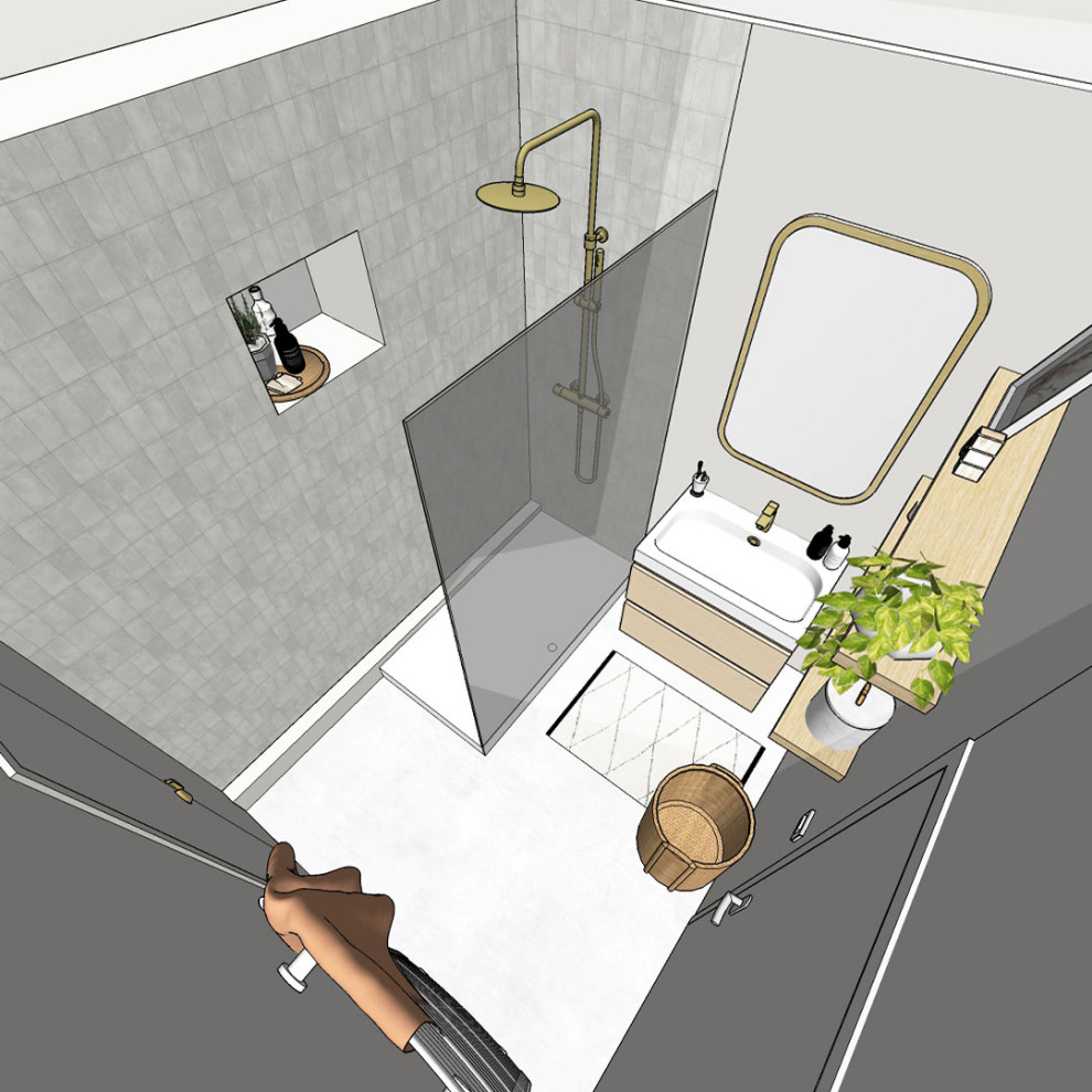На фото: маленькая ванная комната в стиле модернизм с белыми фасадами, душем без бортиков, белыми стенами, бетонным полом, душевой кабиной, белым полом, тумбой под одну раковину и встроенной тумбой для на участке и в саду с