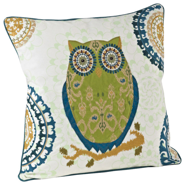 Printed And Embroidered Owl Design Decorative Throw Pillow