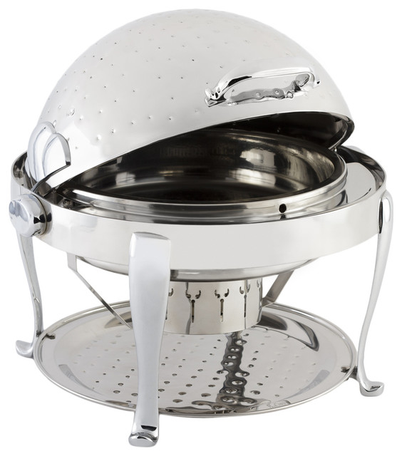 Stainless Steel Round Chafer With Roman Leg Chrome Trim And Hammered Stainless Steel Round Chafer With Roman Leg Chrome Trim And Hammered Finish