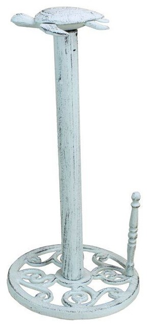 Whitewashed Cast Iron Sea Turtle Paper Towel Holder 13'', Beach Style