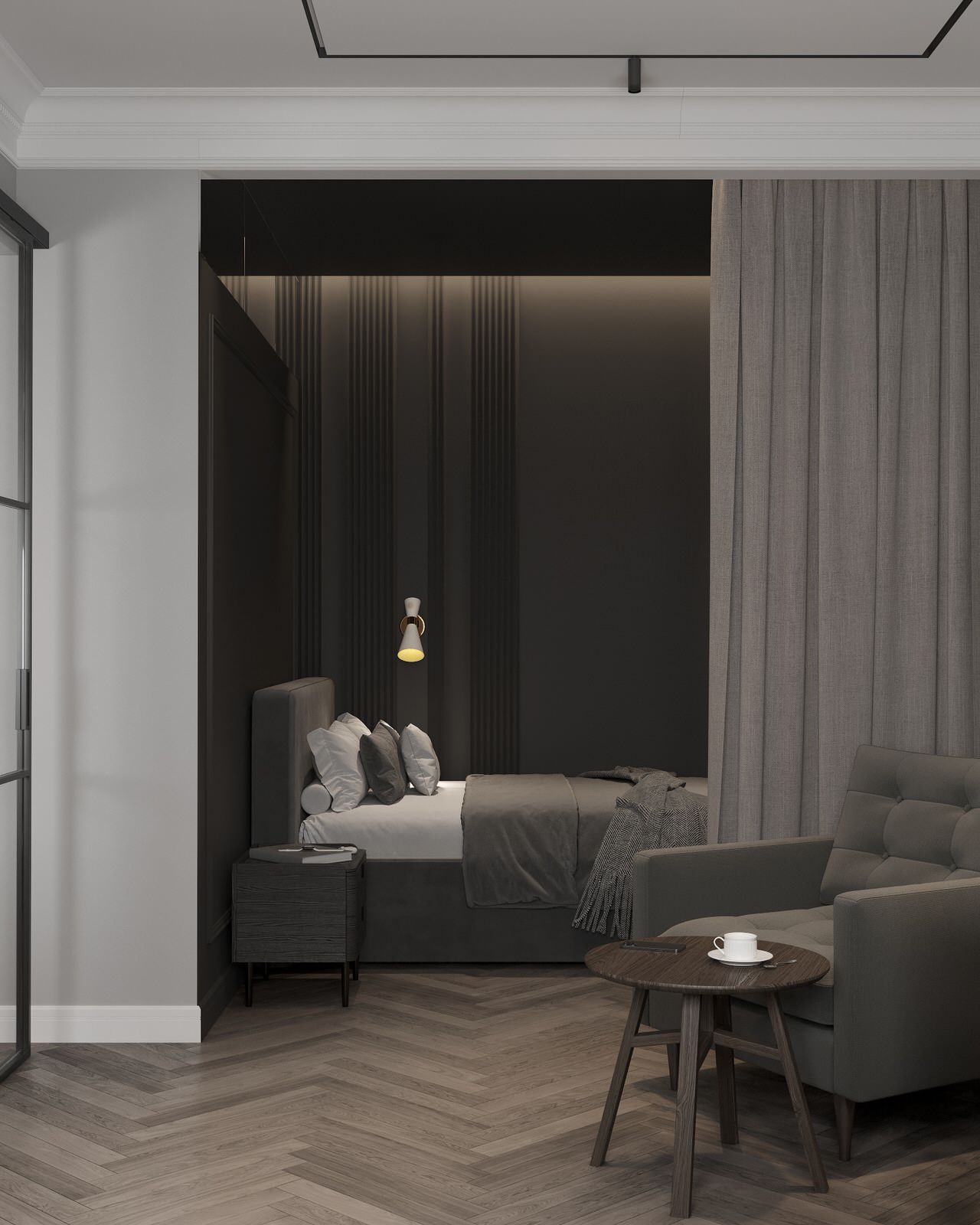 Интерьер однокомнатной квартиры в темных оттенках