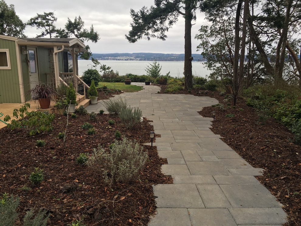 Design ideas for a large midcentury side yard patio in Seattle with concrete pavers and no cover.