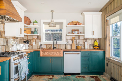 Green Lower Cabinets with Beige Ceramic Tile Backsplash and Wood Countertops