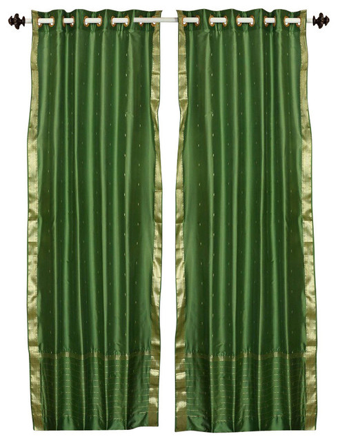 Forest Green Ring Top Sheer Sari Curtain Drape Panel Piece