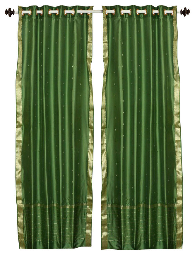Lined-Forest Green Ring Top  Sheer Sari Curtain / Drape  - 43W x 84L - Piece