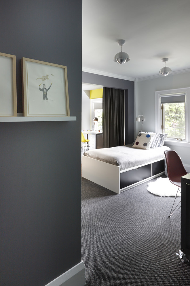 Photo of a large modern kids' room for boys in Toronto with grey walls, carpet and grey floor.