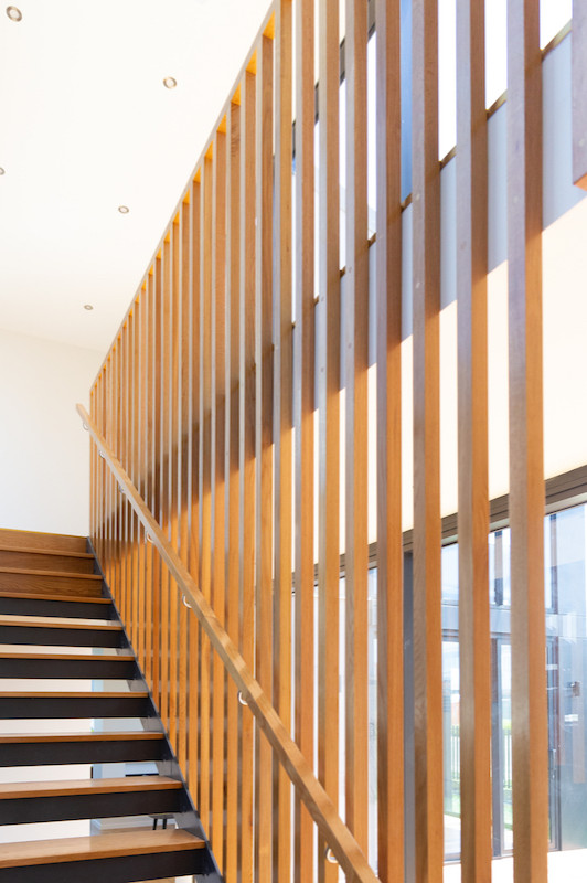 Mid-sized contemporary wood floating staircase in Auckland with open risers and wood railing.