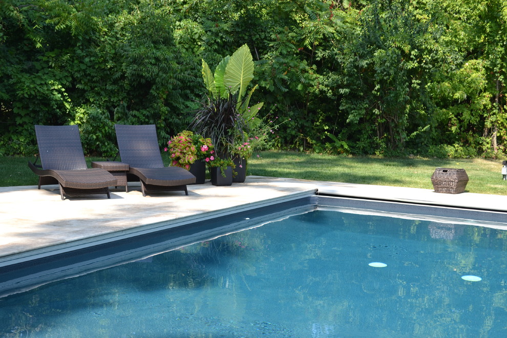 Design ideas for a mid-sized transitional backyard rectangular natural pool in Other with tile.