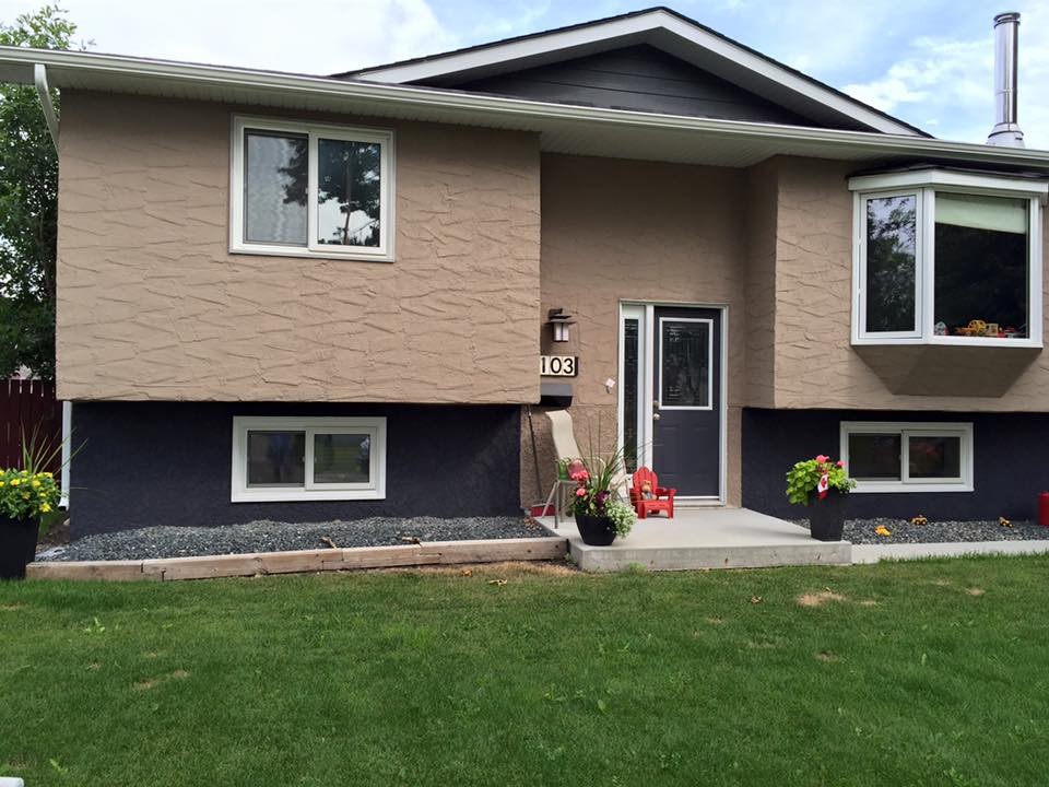 Mid-sized transitional beige one-story stucco gable roof idea with a shingle roof