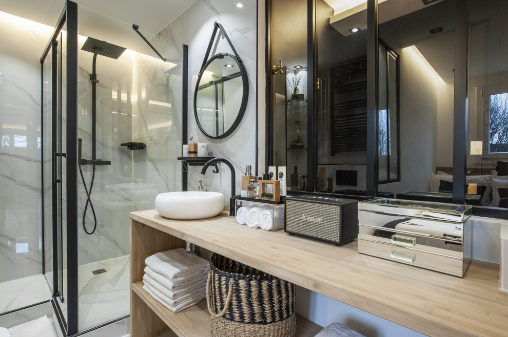 Example of a trendy gray tile single-sink bathroom design in Paris with open cabinets, light wood cabinets, a vessel sink, wood countertops, beige countertops and a freestanding vanity