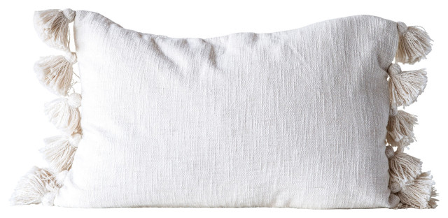 Creative Co-op White Tribal Pillow with Cable Knit Wool & Plush Fringe 