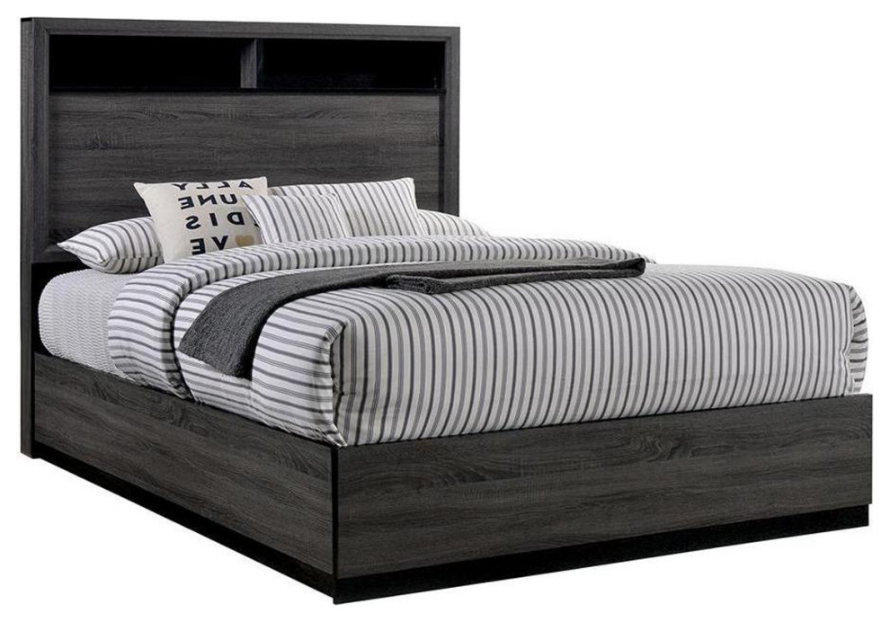 Wooden Bed With Tall Headboard Design, Gray Transitional Platform