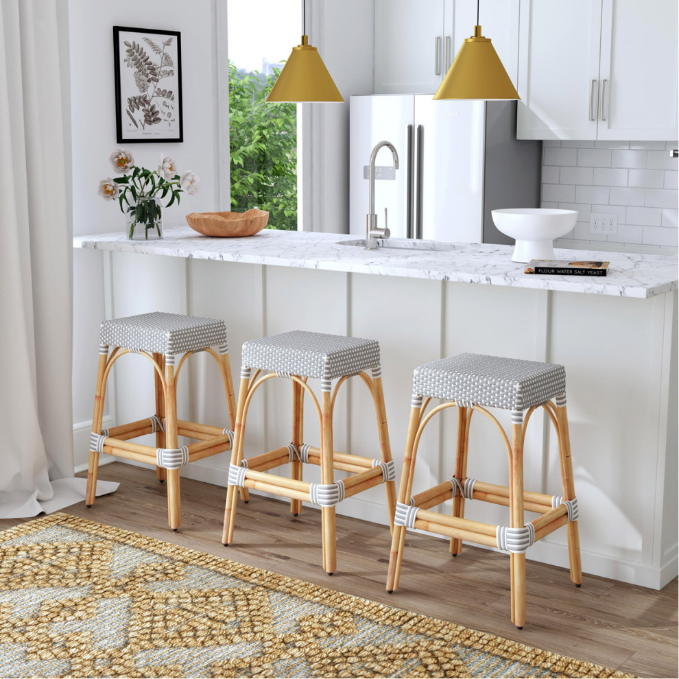Robias Bar Stool, White with Gray Dot and Natural Rattan Frame