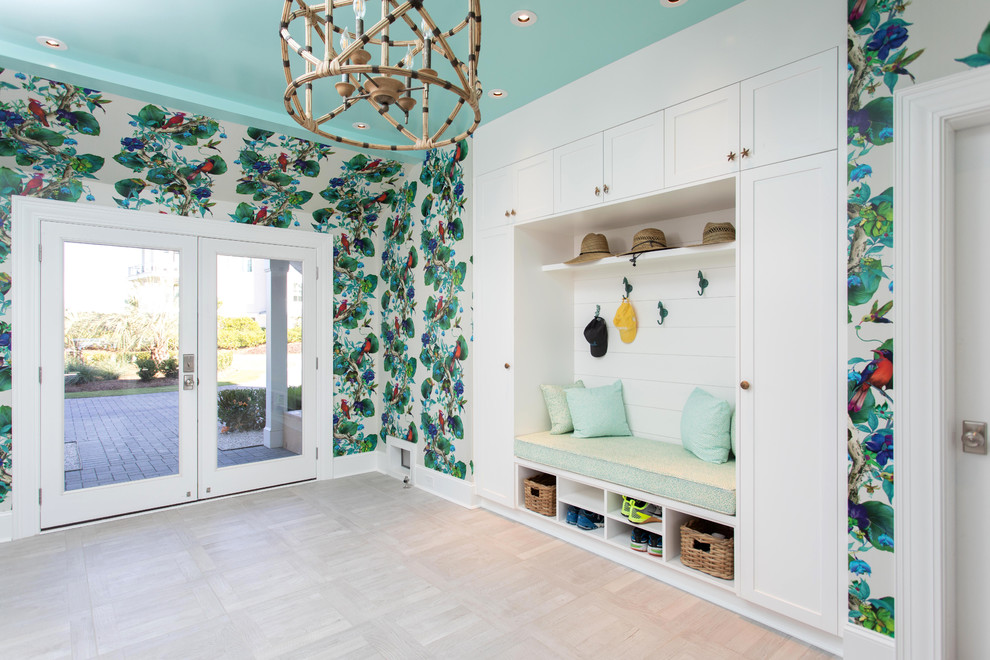 Design ideas for a beach style mudroom in Wilmington with multi-coloured walls, a double front door, a glass front door and beige floor.