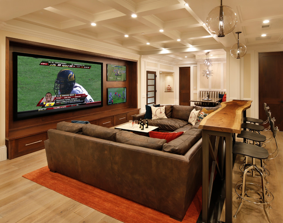 Design ideas for a traditional home theatre in San Francisco with a wall-mounted tv.