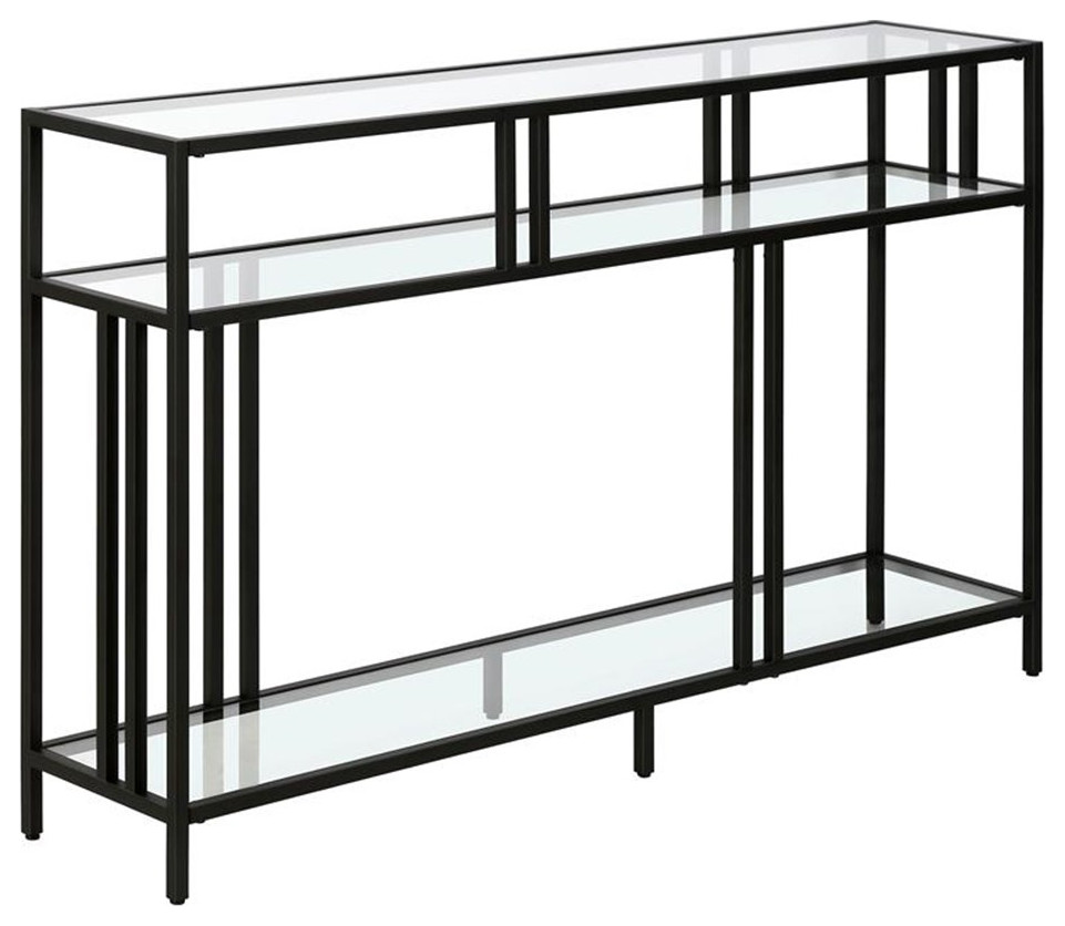 Maklaine Industrial 48" Console Table with Glass Shelves in Black