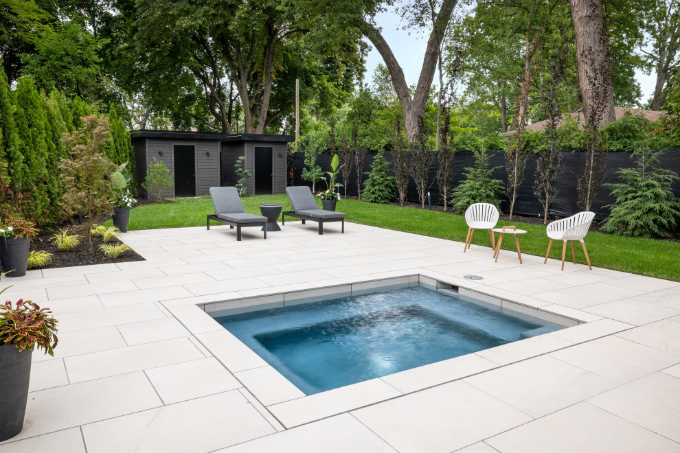 Idee per una piccola piscina minimal rettangolare dietro casa con una vasca idromassaggio e pavimentazioni in pietra naturale