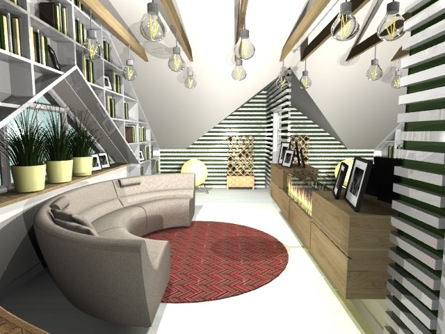 гостиная на мансардном этаже с библиотекой