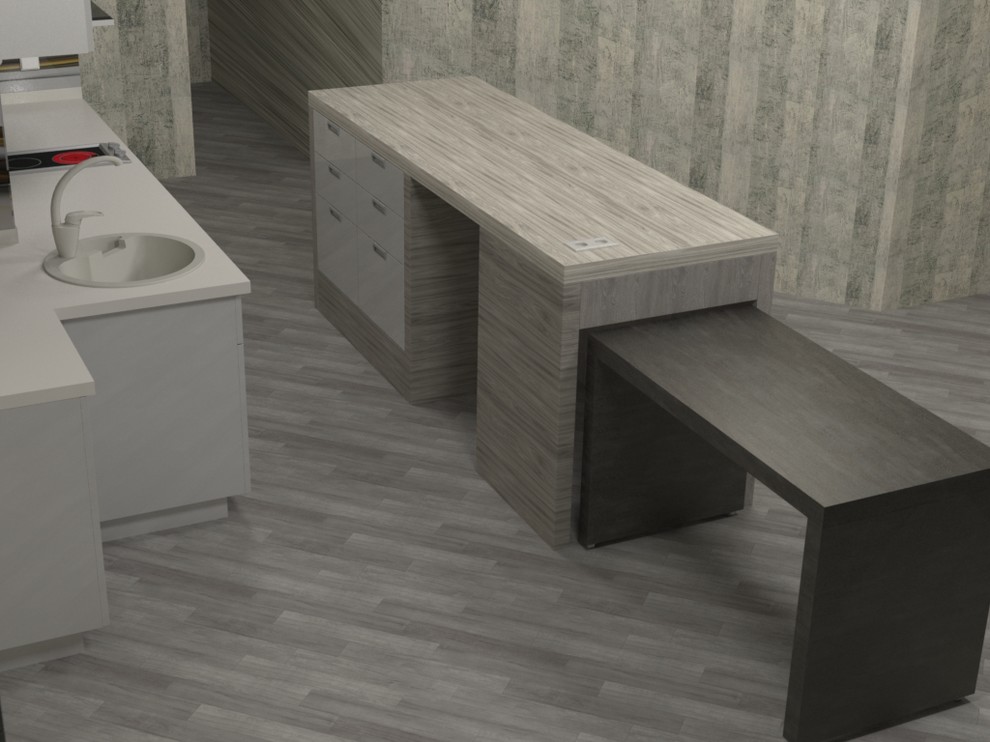 Белая акриловая кухня с барной стойкой из тамбурата