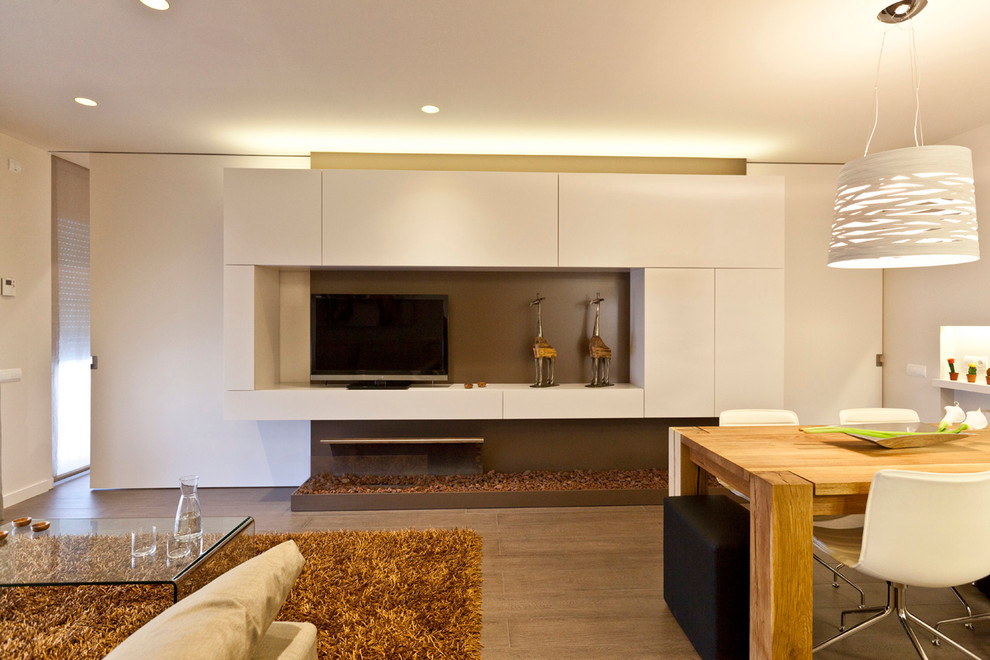 Diseño de comedor de cocina nórdico de tamaño medio sin chimenea con paredes blancas