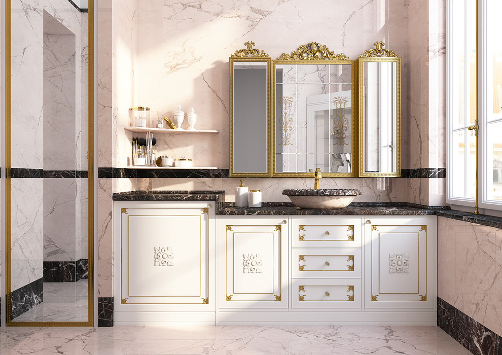 Mid-sized traditional 3/4 bathroom in Other with marble floors, raised-panel cabinets, white cabinets, an alcove shower, a one-piece toilet, pink tile, marble, pink walls, a vessel sink, marble benchtops, pink floor, a hinged shower door and red benchtops.