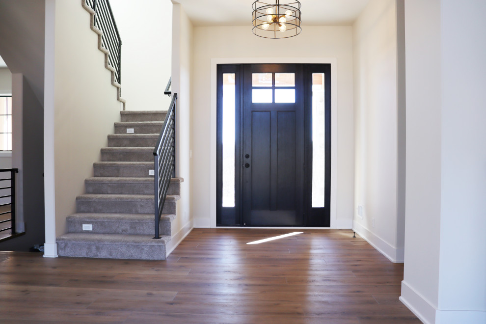 Transitional entryway photo in Omaha with a black front door