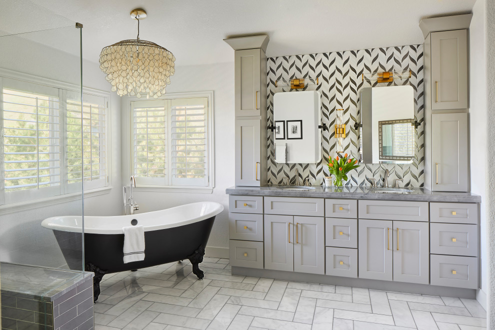 Example of a transitional wallpaper bathroom design in Denver