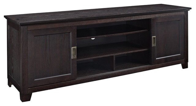 70 Wood Tv Stand With Sliding Doors Transitional