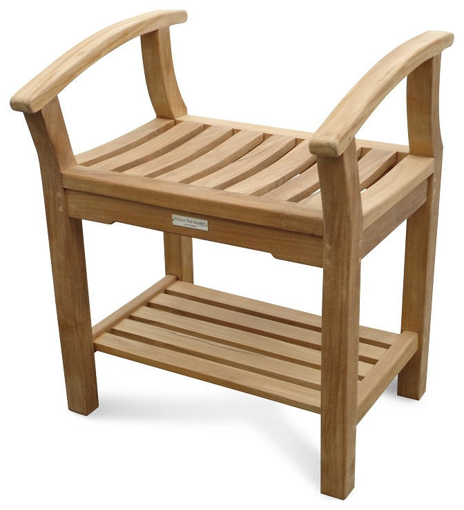 Backless Shower Bench With 20" High Contoured Seat, Arms and Shelf