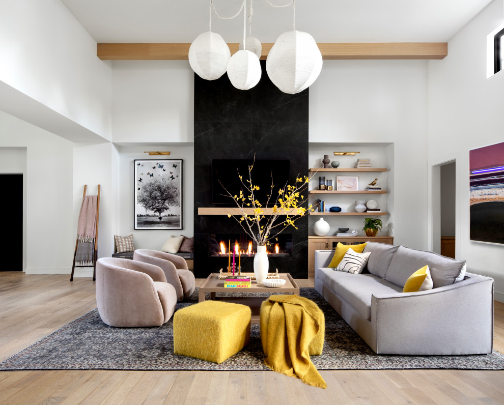 Transitional open concept light wood floor, beige floor and exposed beam living room photo in San Francisco with white walls, a ribbon fireplace and a wall-mounted tv