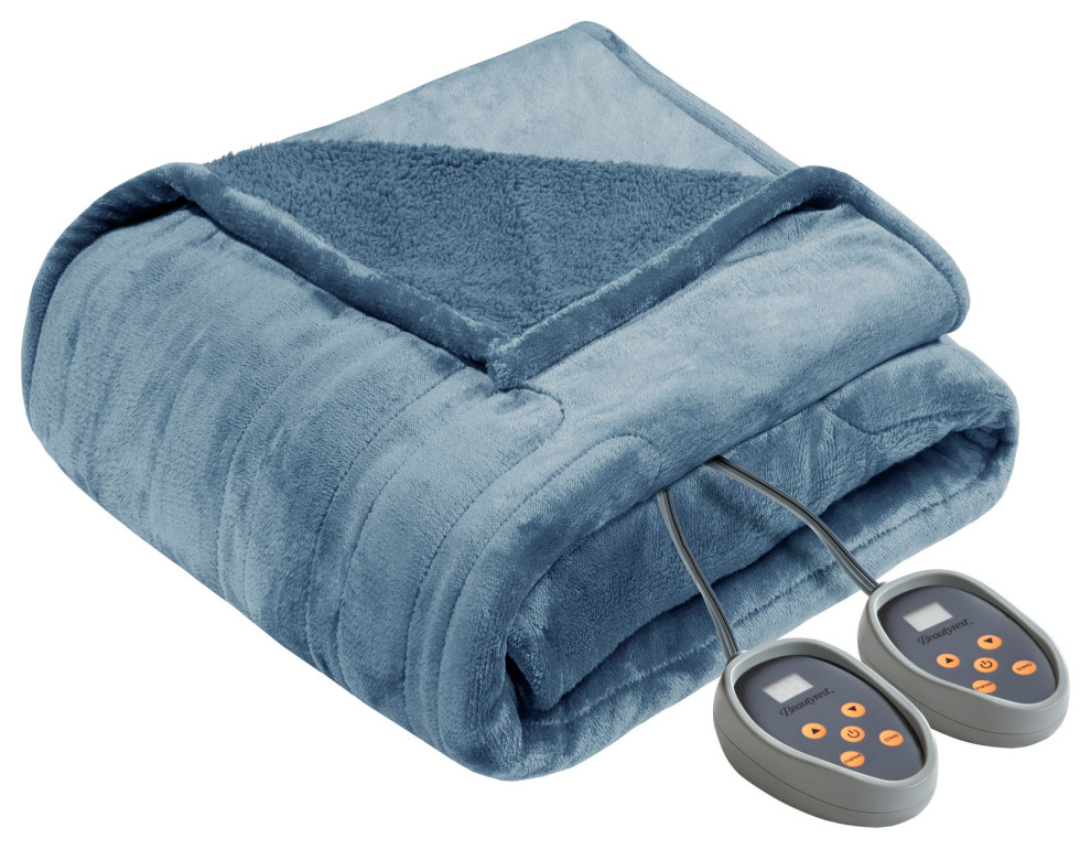 Beautyrest Solid Microlight Heated Blanket, Blue Contemporary