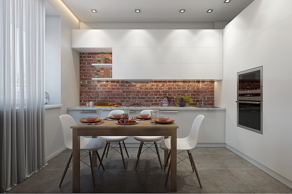 Enclosed kitchen - mid-sized porcelain tile enclosed kitchen idea