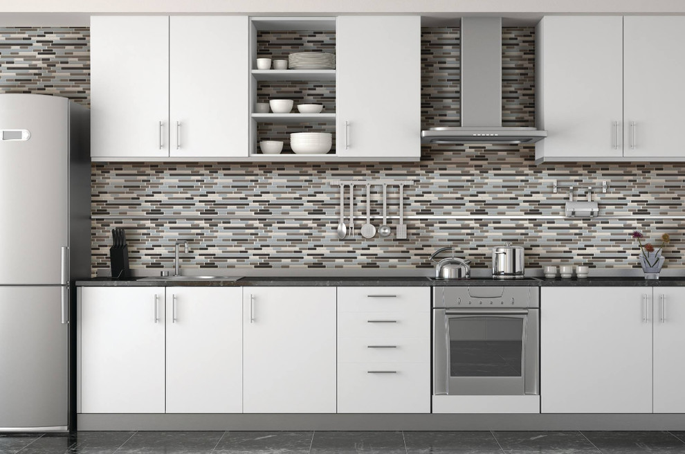 Inspiration for a mid-sized transitional single-wall porcelain tile enclosed kitchen remodel in Indianapolis with a drop-in sink, flat-panel cabinets, white cabinets, multicolored backsplash, matchstick tile backsplash, stainless steel appliances, granite countertops and no island